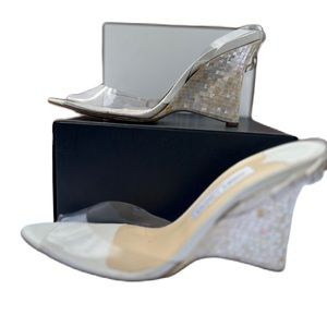 Jimmy Choo transparent toe w Mother of Pearl wedge heel